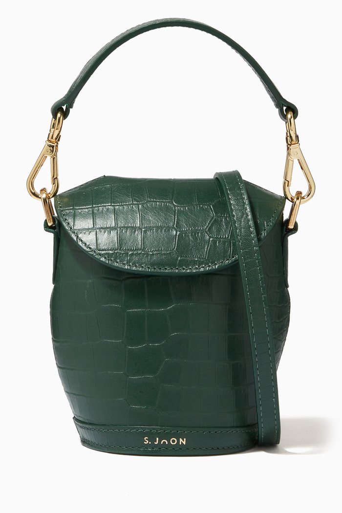 

Mini Milk Pail Shoulder Bag in Croc-embossed Leather, Green