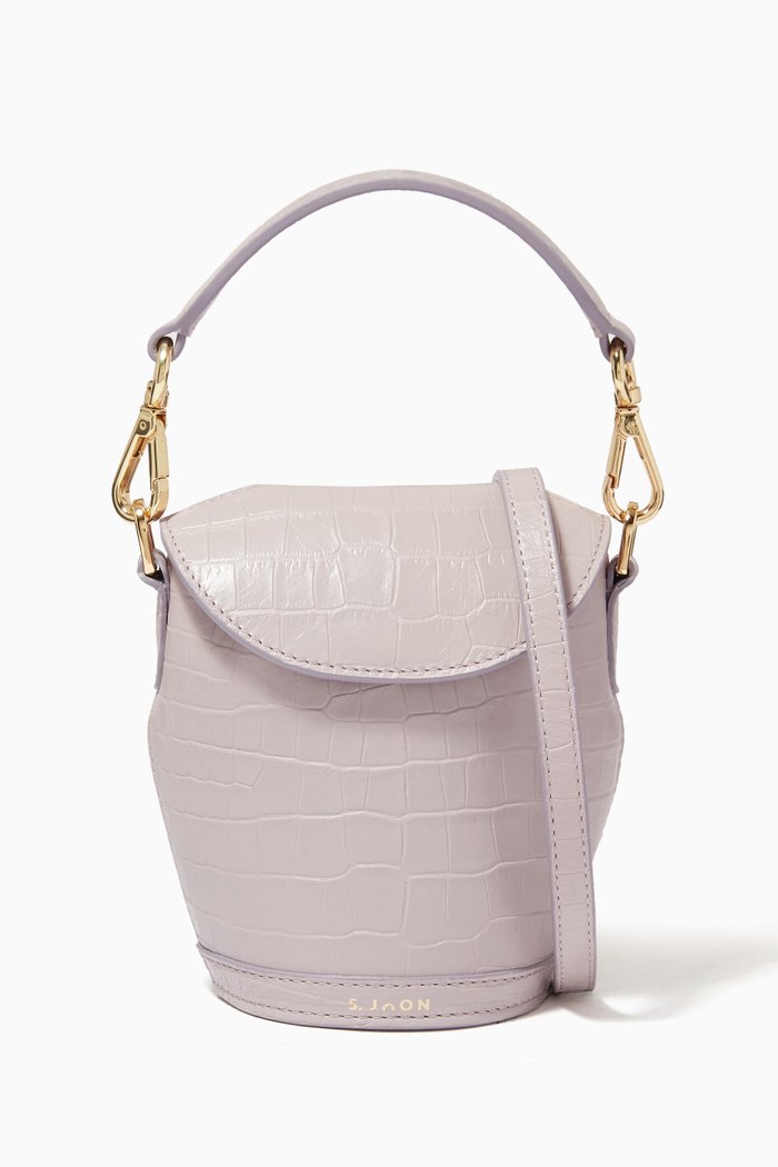 

Mini Milk Pail Shoulder Bag in Croc-embossed Leather, Pink
