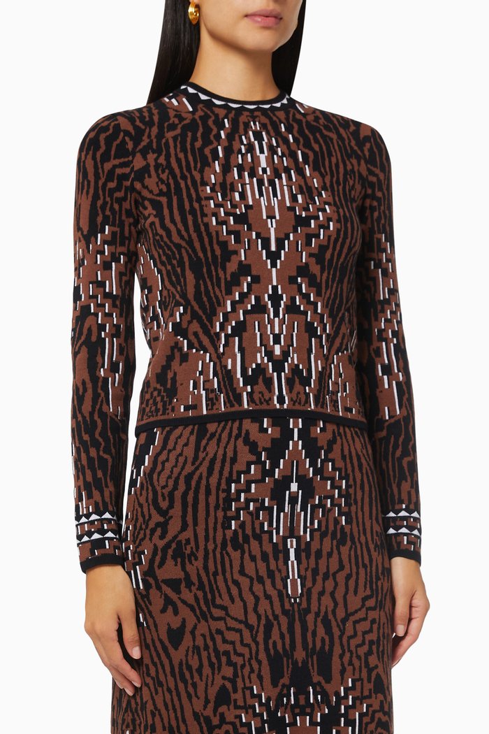

Aztec Tiger Jacquard Fitted Sweater in Stretch Knit, Multicolour