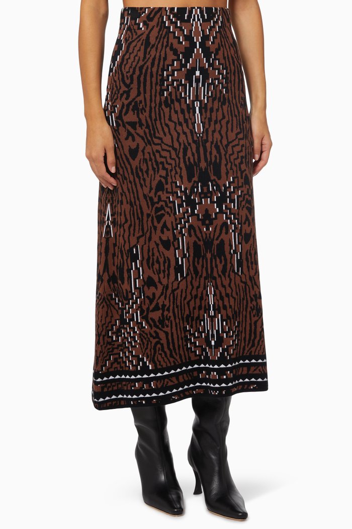 

Aztec Tiger Jacquard Midi Skirt in Stretch Knit, Multicolour