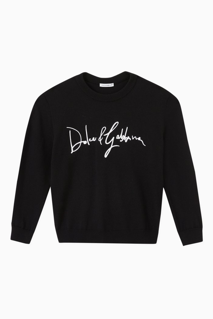 Scribble Logo Crewneck Pullover in Wool Knit, Black