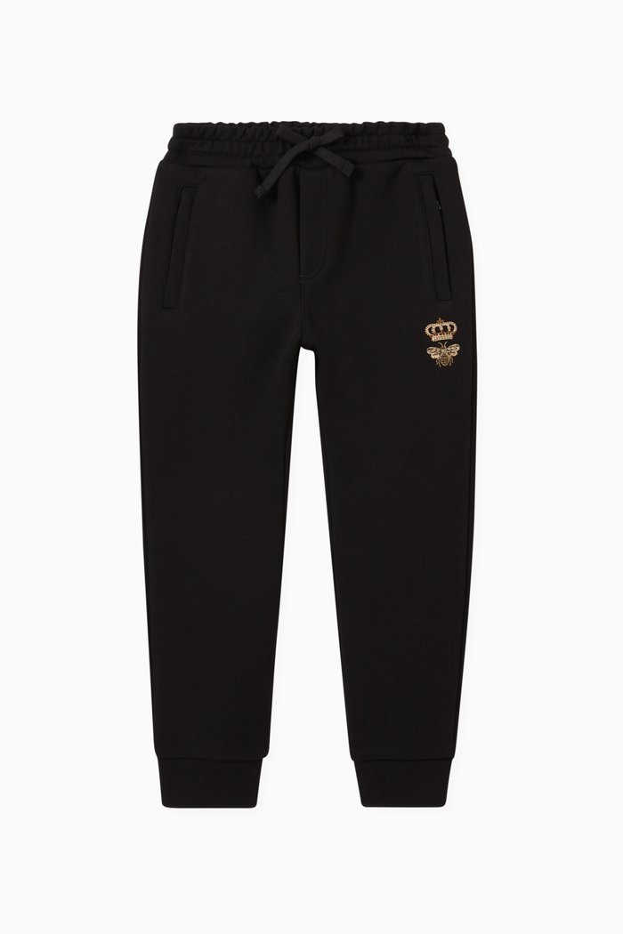 

Crown & Bee Embroidery Jogging Pants in Cotton, Black