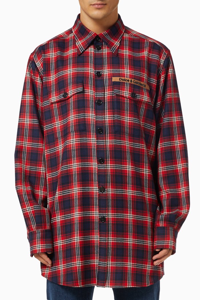 

Check Shirt with Logo Patch in Wool, Red