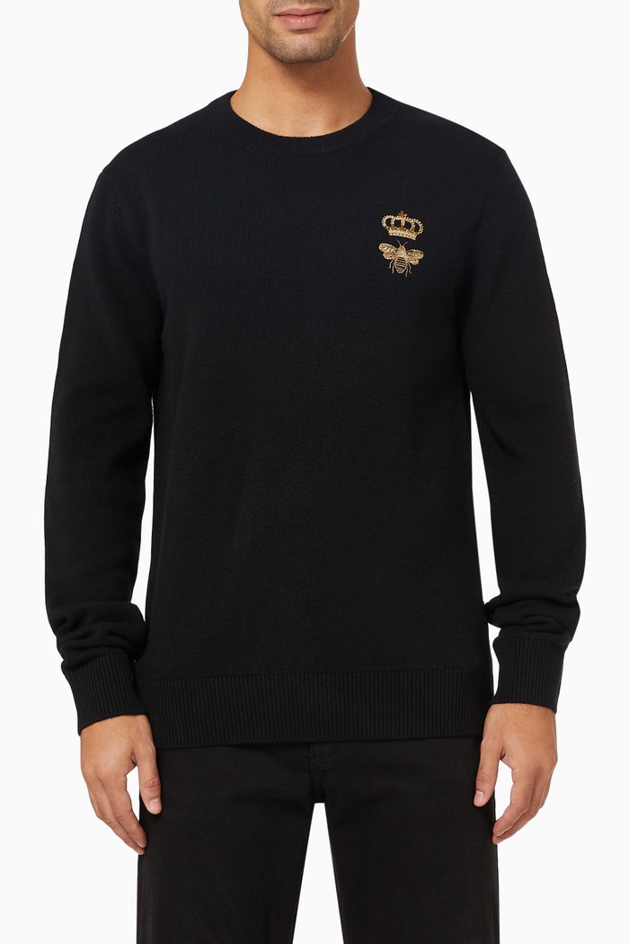 Bee & Crown Embroidery Sweater in Wool, Black