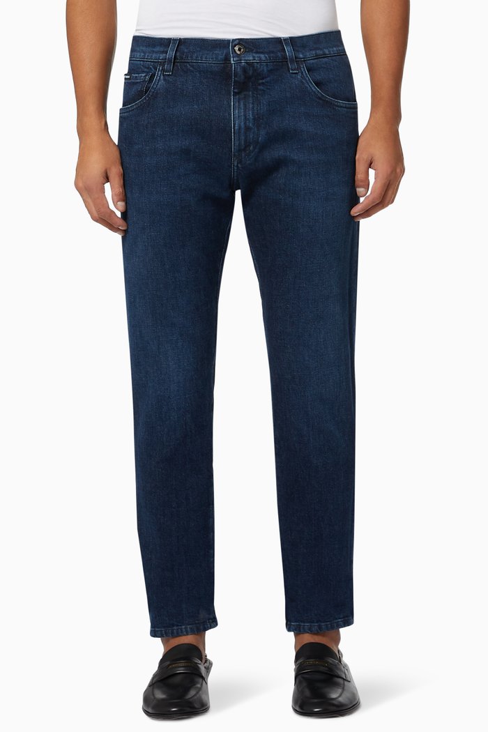 Slim-fit Jeans with Leopard Hem in Stretch Cotton Denim, Blue