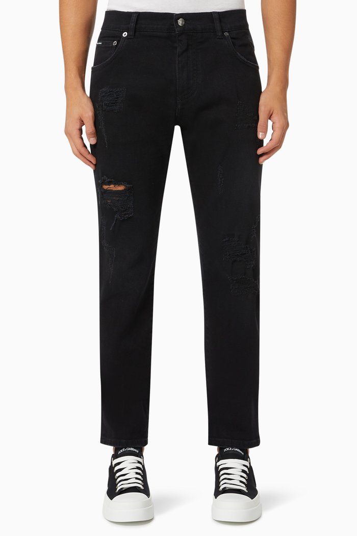 

Skinny Jeans with Repaired Rips in Stretch Denim, Black