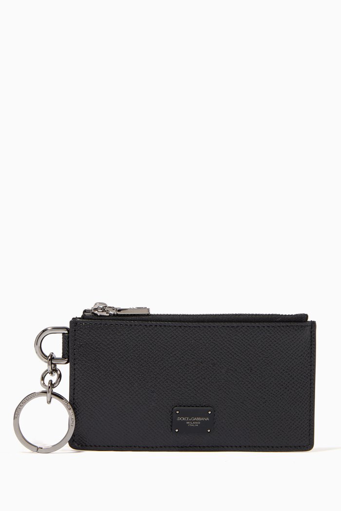 

Card Holder with Ring & Branded Plate in Dauphine Leather, Black