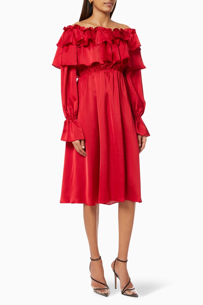 

The Salem Ruffled Dress in Satin, Red