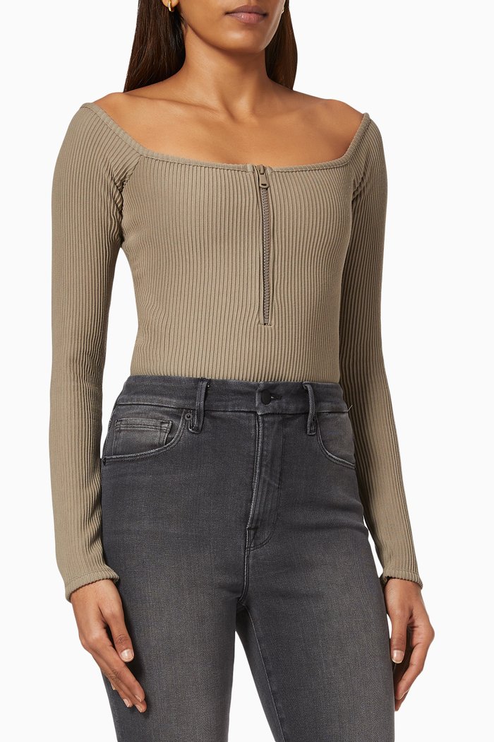 

Rib Off-shoulder Zip Henley Bodysuit, Grey