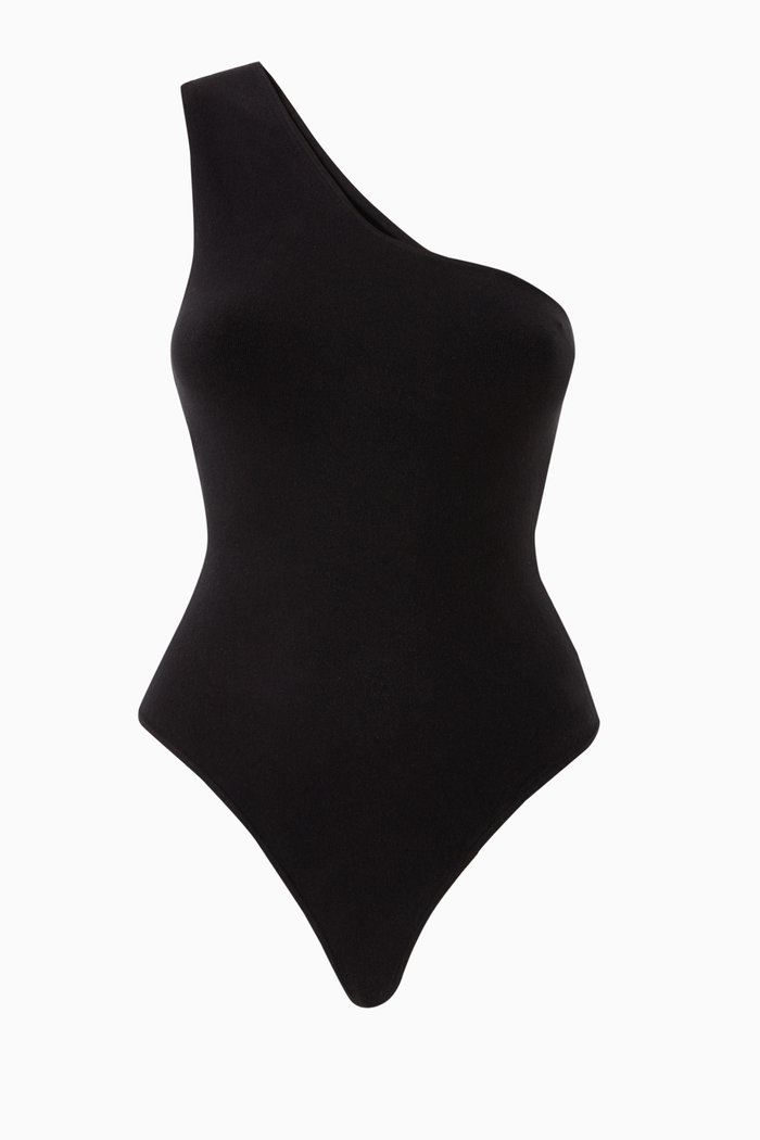 

Sweater Knit One-shoulder Bodysuit in Cotton, Black