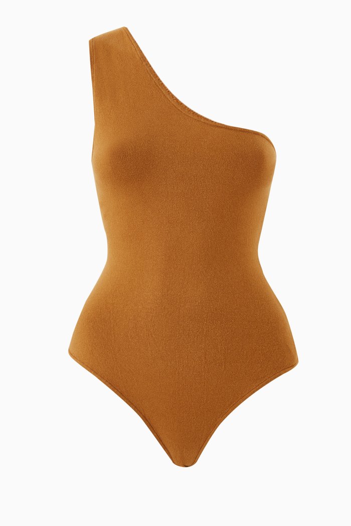 

Sweater Knit One-shoulder Bodysuit in Cotton, Brown