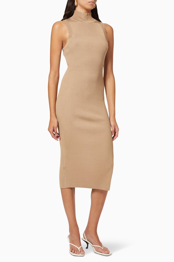 

Plaited Rib Midi Dress in Rayon, Brown