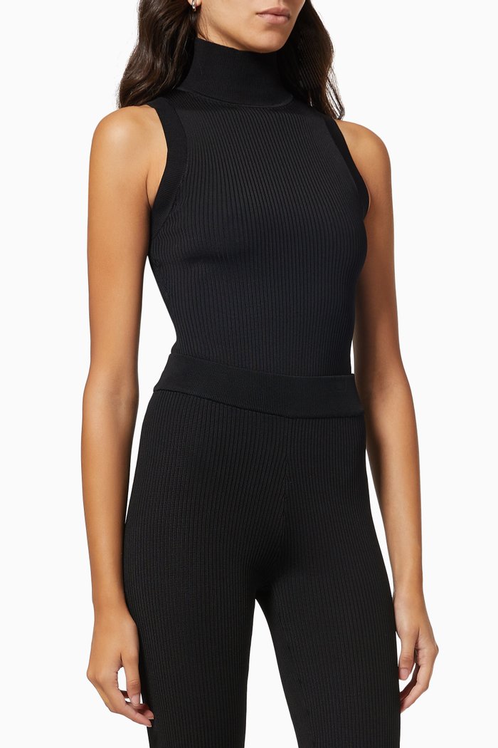 

Mock Neck Sweater Bodysuit in Ribbed Knit, Black