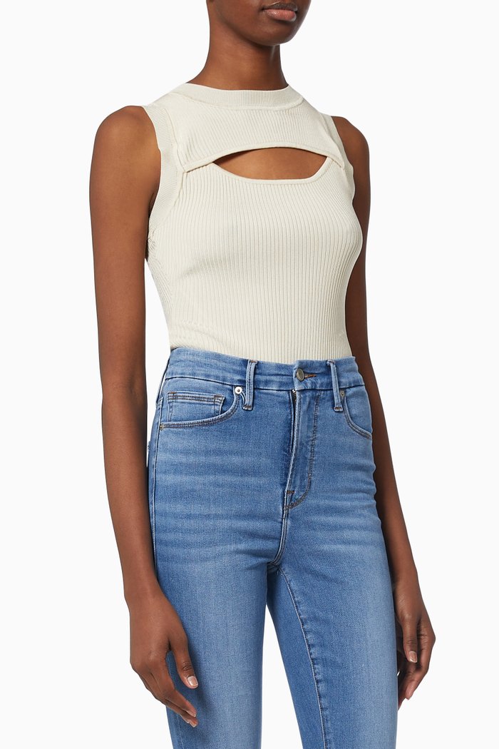 

Peek-a-Boo Bodysuit in Ribbed Knit, Neutral