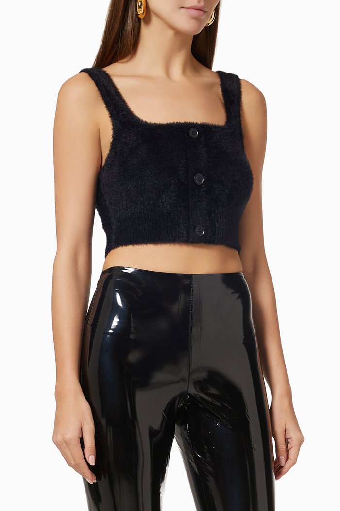 

Fuzzy Henley Crop Top in Nylon, Black