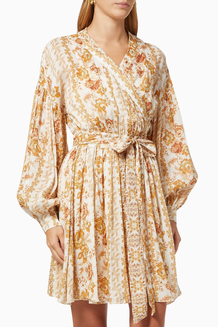 Desert Daze Wrap Mini Dress in Linen-blend, Brown