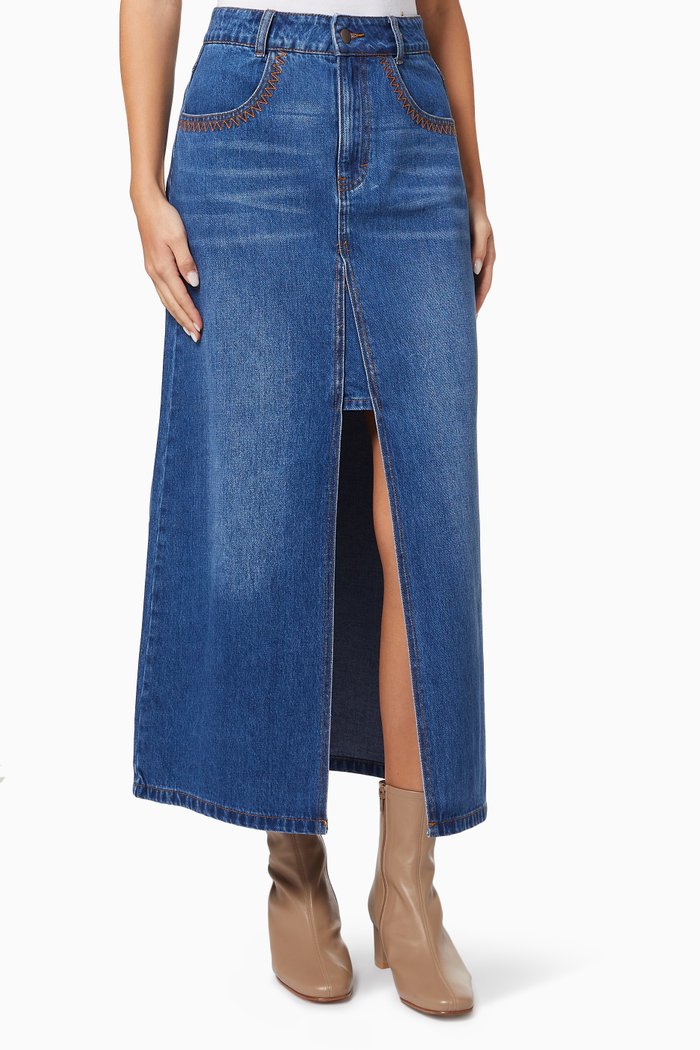 Rustlers Split Midi Skirt in Denim, Blue