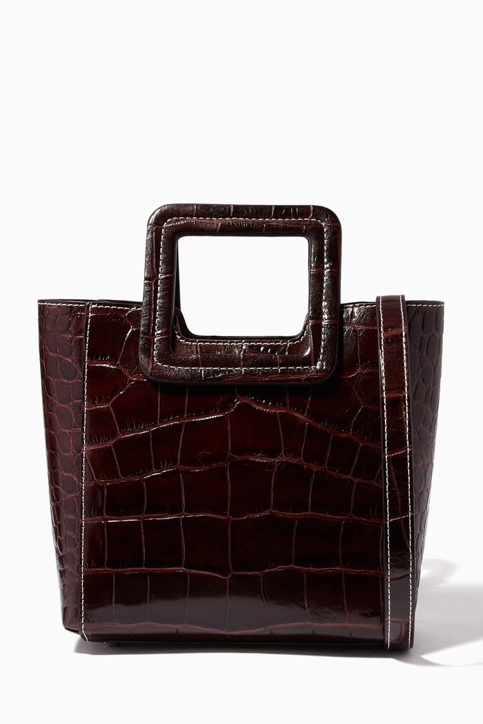 

Mini Shirley Tote Bag in Croc Embossed Leather, Brown