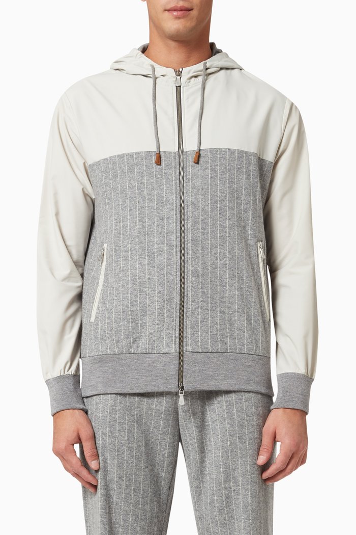 

Pinstripe Hoodie in Cotton and Cashmere, Grey