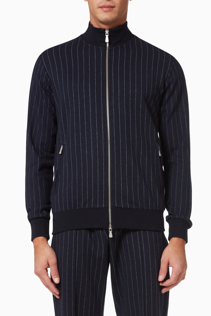 

Pinstripe Hoodie in Cotton and Cashmere, Blue