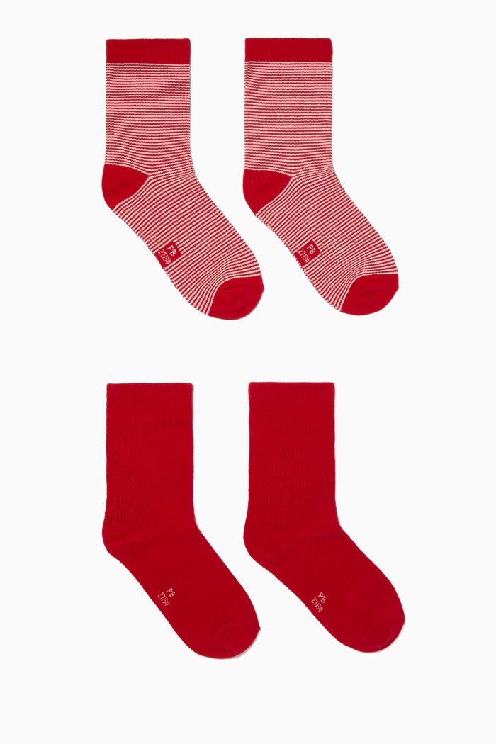 

Stripes and Plain Socks, Set of 2, Red