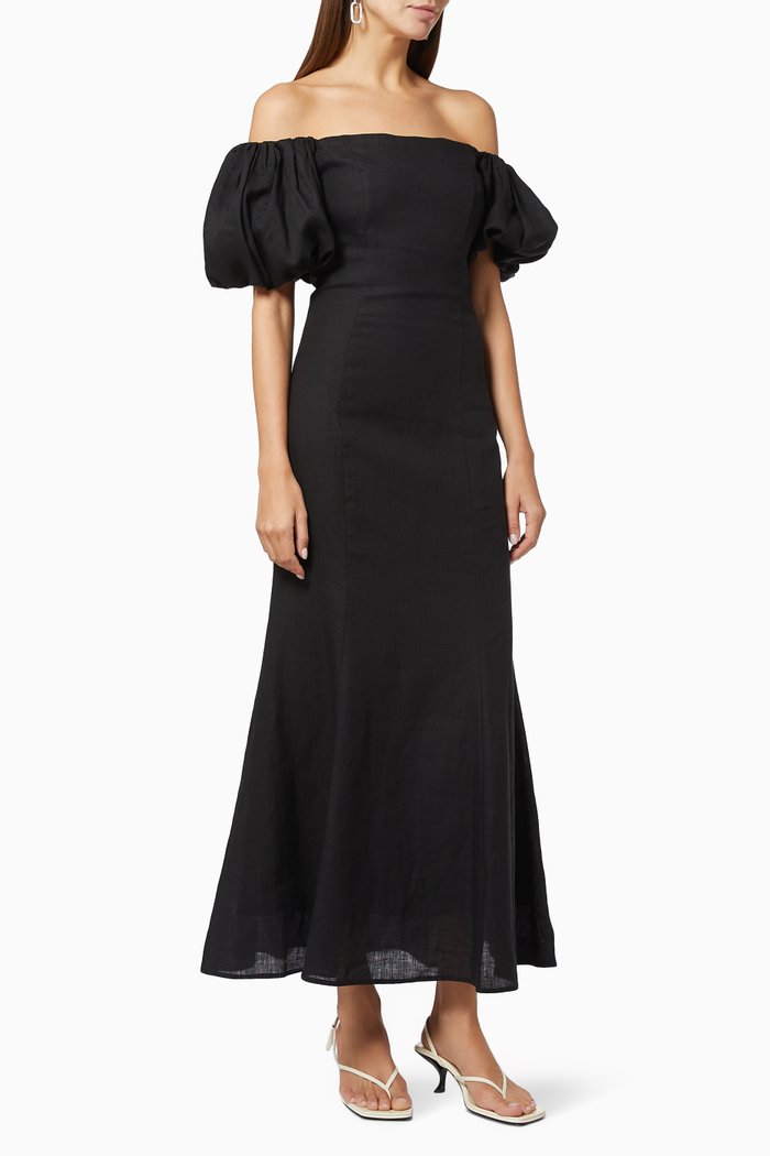 

Rawiya Off Shoulder Dress in Linen, Black