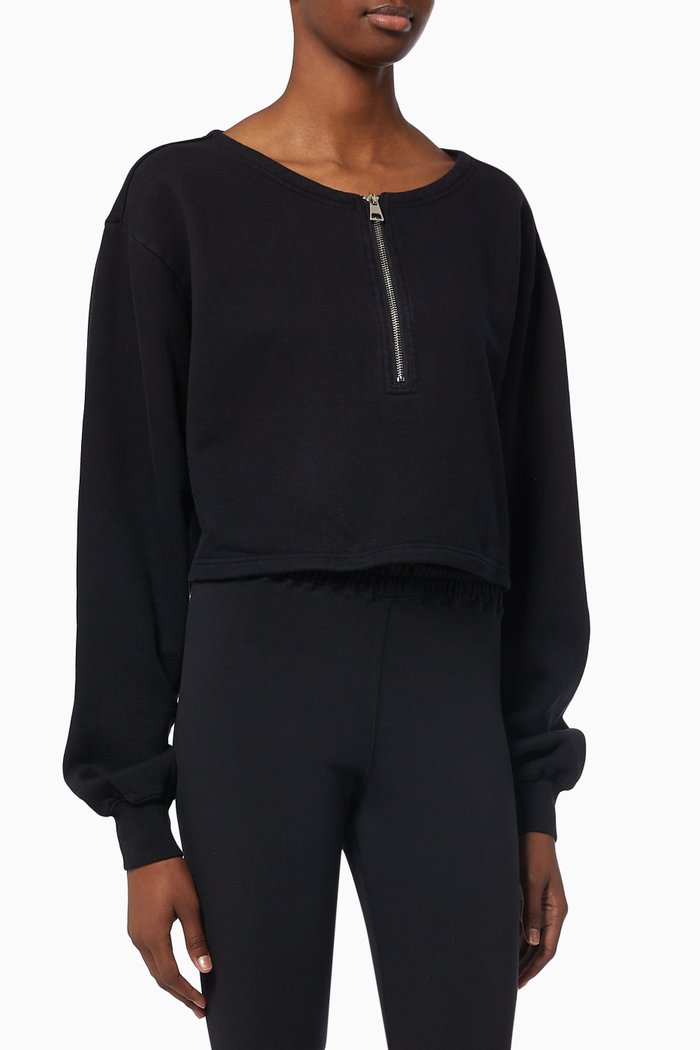 

Half-zip Cropped Sweatshirt in Brushed Cotton Fleece, Black