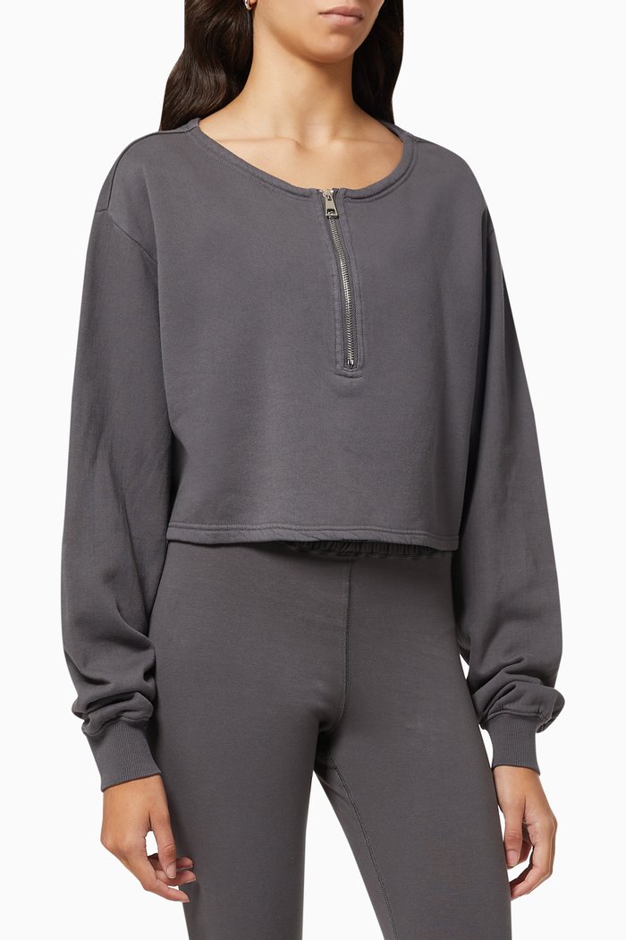 

Half-zip Cropped Sweatshirt in Brushed Cotton Fleece, Grey