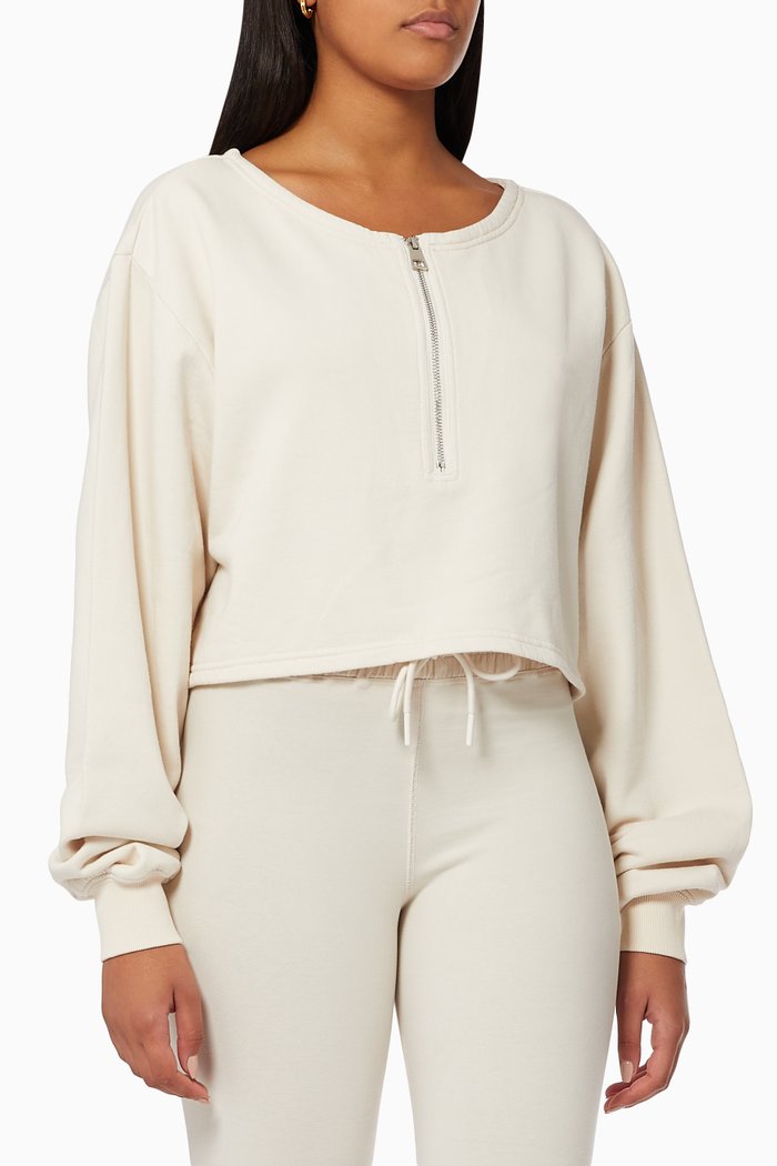 

Half-zip Cropped Sweatshirt in Brushed Cotton Fleece, Neutral
