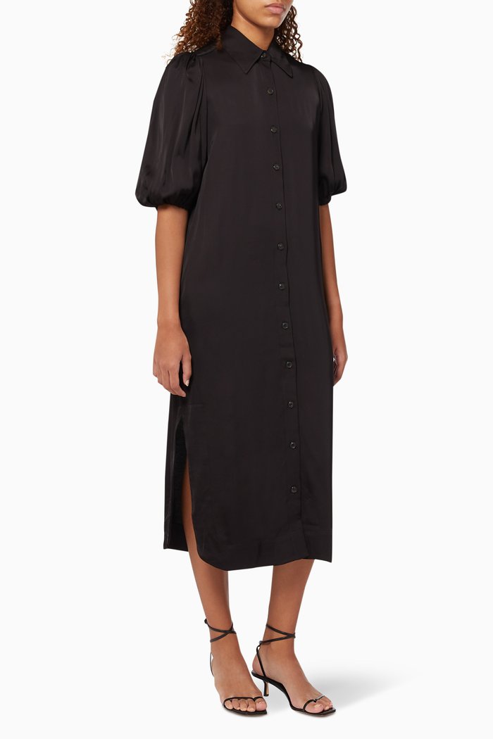 

Emme Long Shirt Dress in Satin, Black