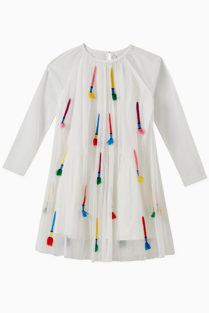 

Paintbrushes Embroidered Dress in Recycled Tulle, White