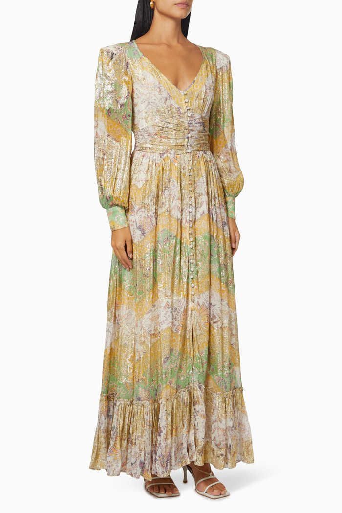 Kalon Ruched Long Dress in Georgette & Floral Boota Lurex, Green