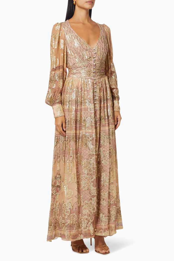 

Noor Maxi Dress in Georgette & Floral Boota Lurex, Neutral