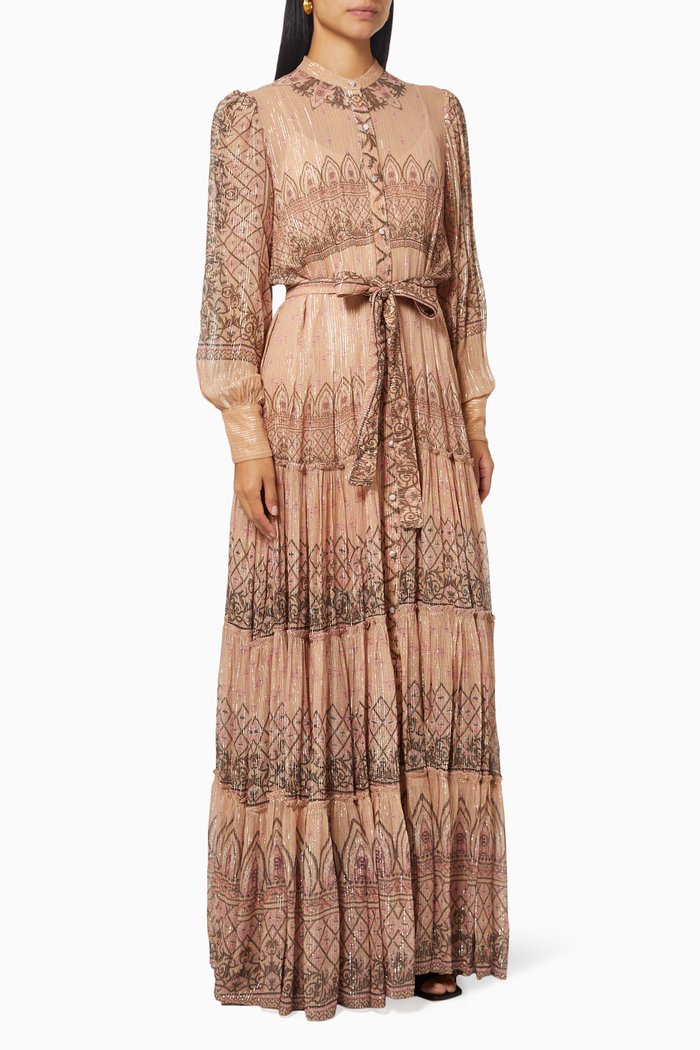 

Noor Long Shirt Dress in Georgette & Striped Lurex, Neutral