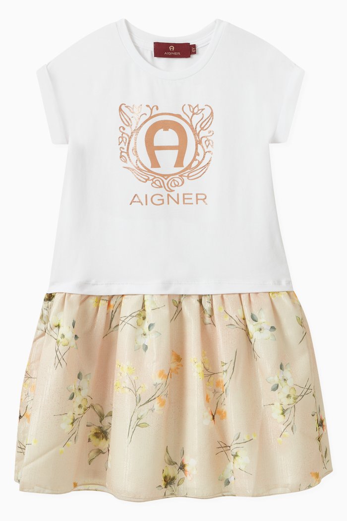 Floral Logo Dress in Cotton Jersey, White