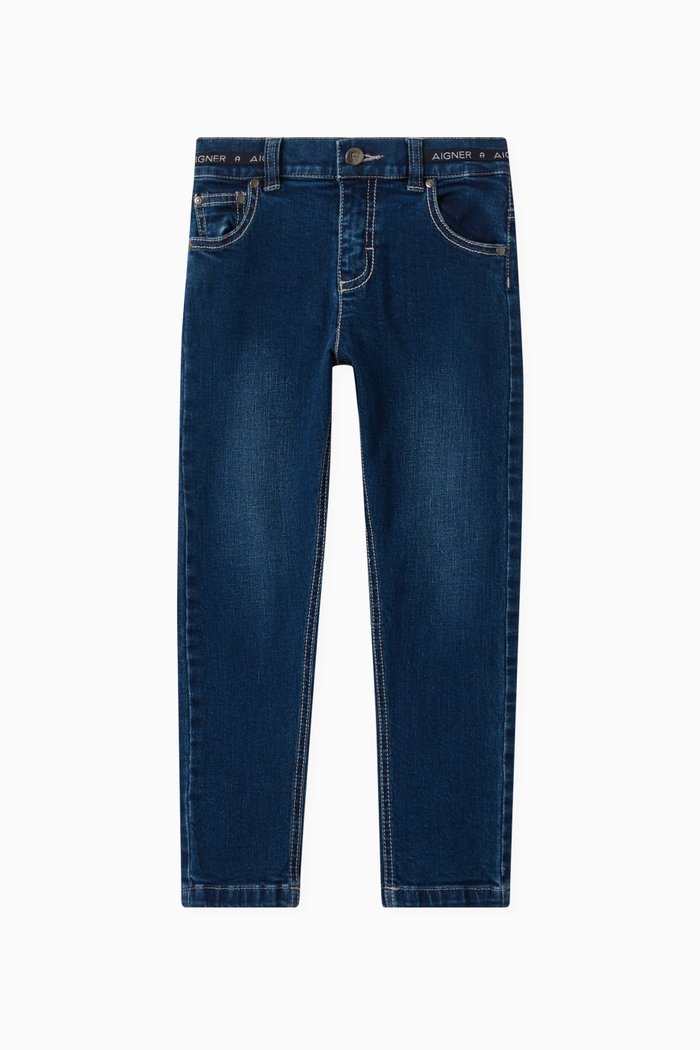 

Embroidered Denim Trousers in Cotton, Blue