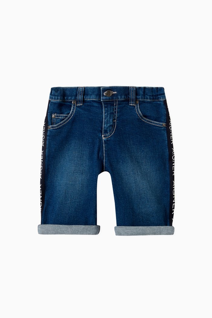 

Embroidered Denim Bermuda in Cotton, Blue