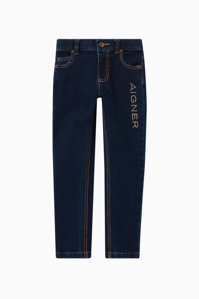 

Embroidered Logo Denim Trousers in Cotton, Blue