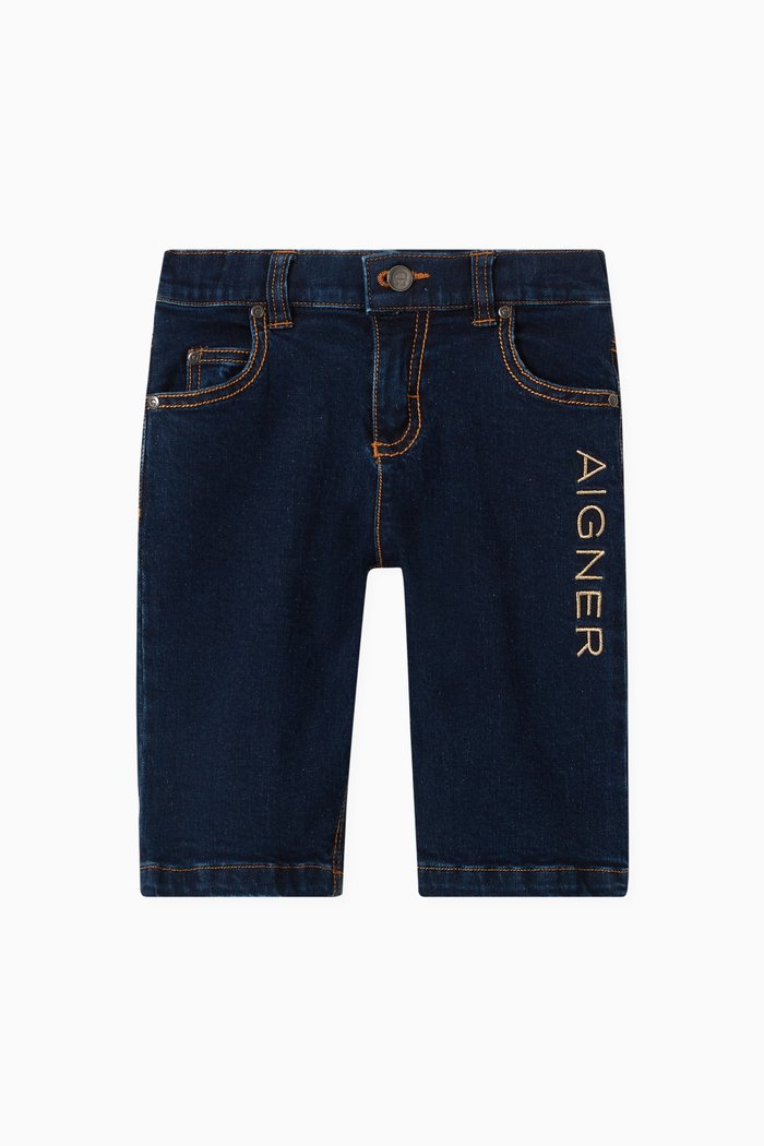 

Embroidered Logo Denim Bermuda in Cotton, Blue