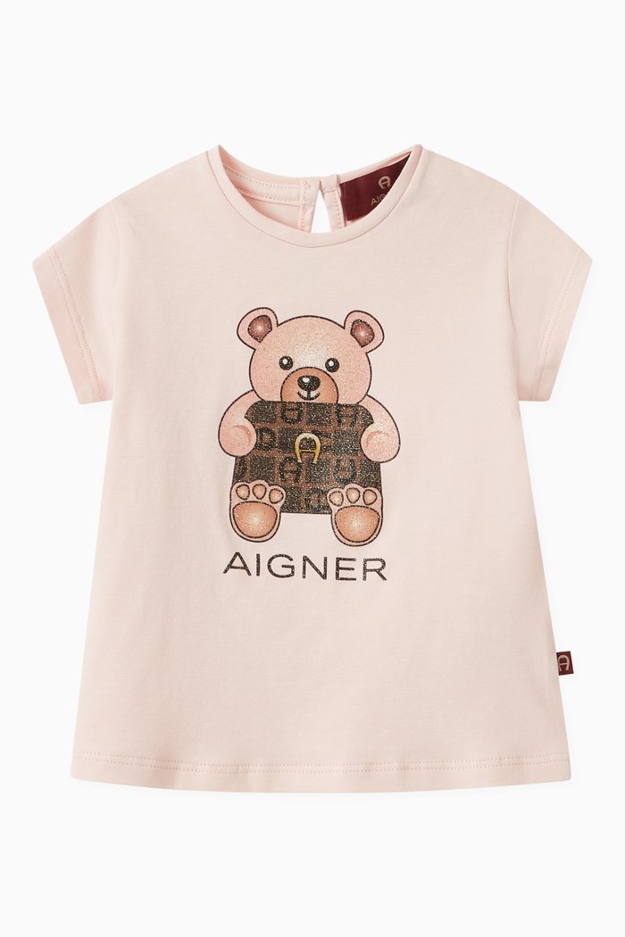Teddy Bear Logo Print T-shirt in Cotton, Pink