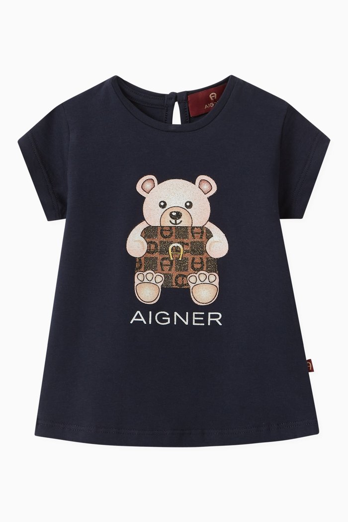 Teddy Bear Logo Print T-shirt in Cotton, Blue
