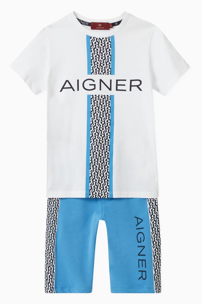 

Logo Stripe T-shirt and Bermuda Set in Cotton Poplin, Blue
