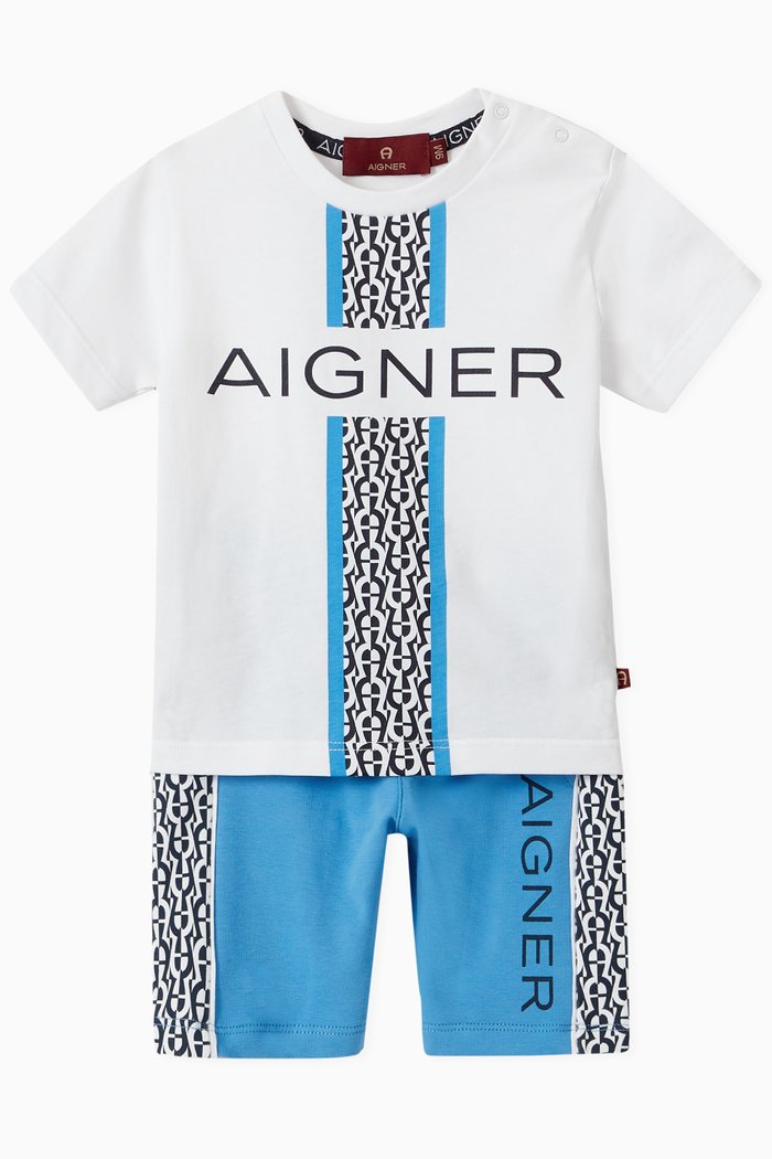 

Logo Stripe T-shirt and Bermuda Set in Cotton Poplin, Blue
