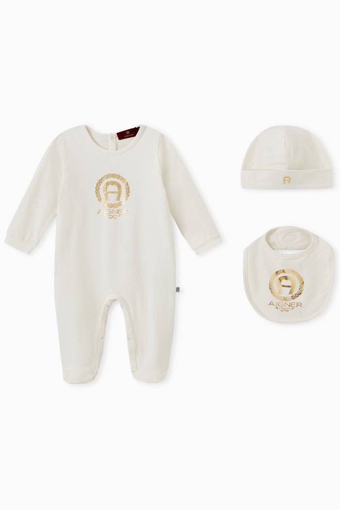 

Logo Babygrow with Cap and Bib in Cotton, Set of 3, Neutral