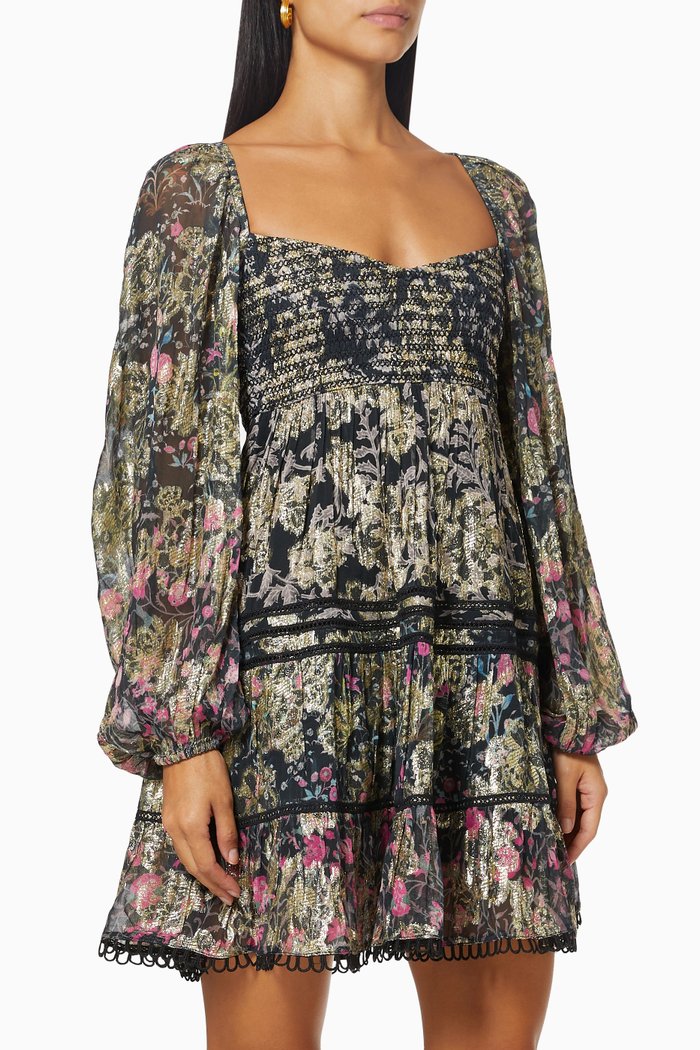 

Vim Mini Dress in Georgette & Floral Boota Lurex, Black