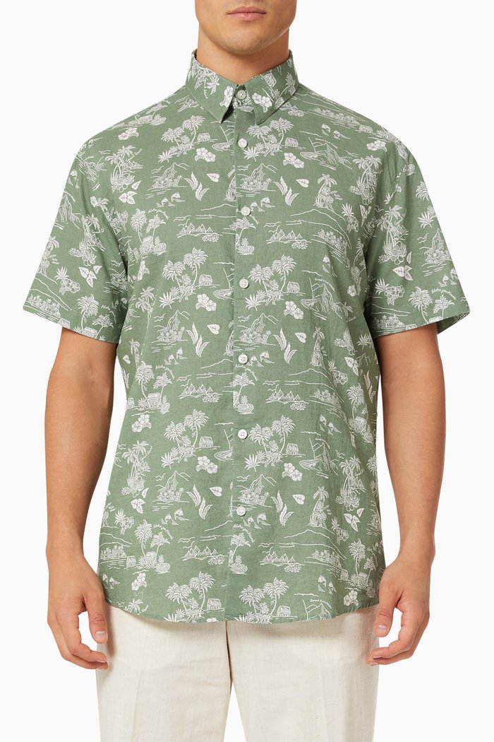 

Botanical Print Shirt in Organic Cotton and Linen, Green