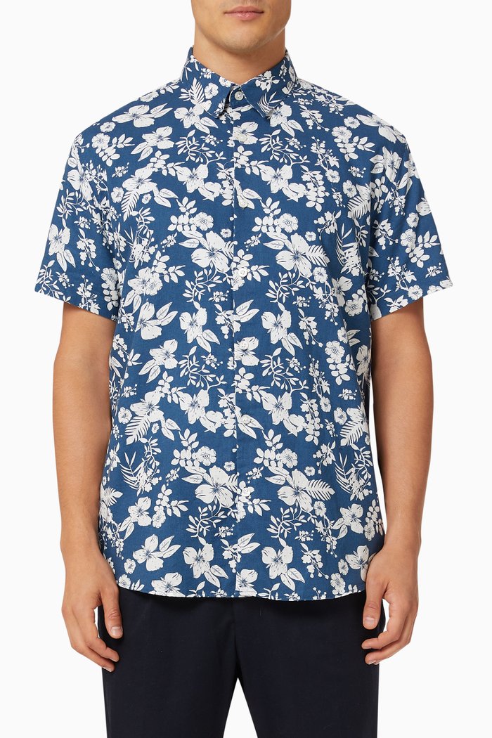 

Botanical Print Shirt in Organic Cotton and Linen, Blue