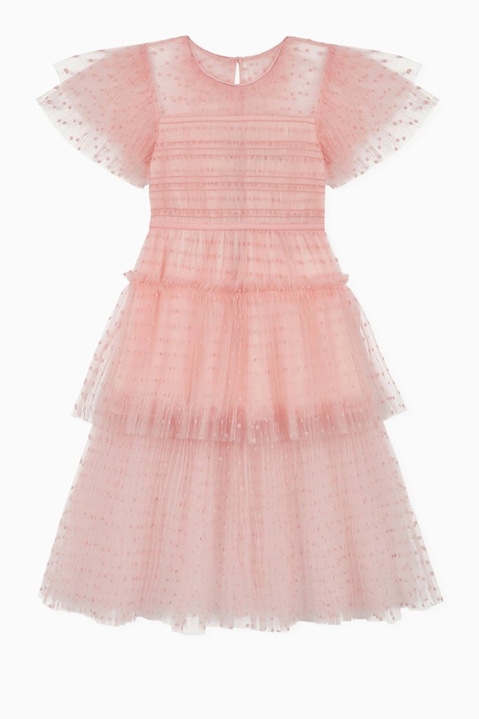 Pleated Gathered Midi Dress in Dot Mesh, Pink