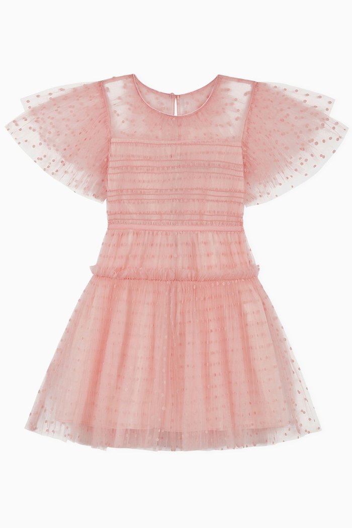 

Pleated Gathered Mini Dress in Dot Mesh, Pink