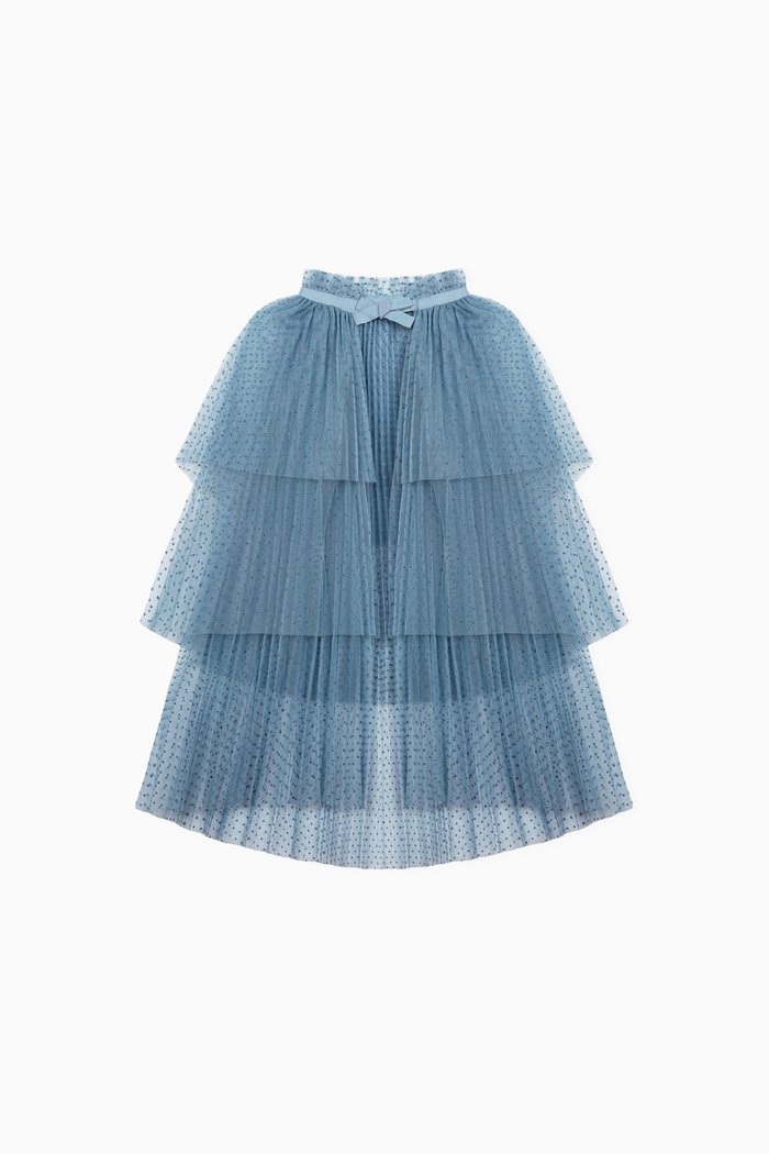 

Pleated Tiered Cape in Dot Mesh, Blue